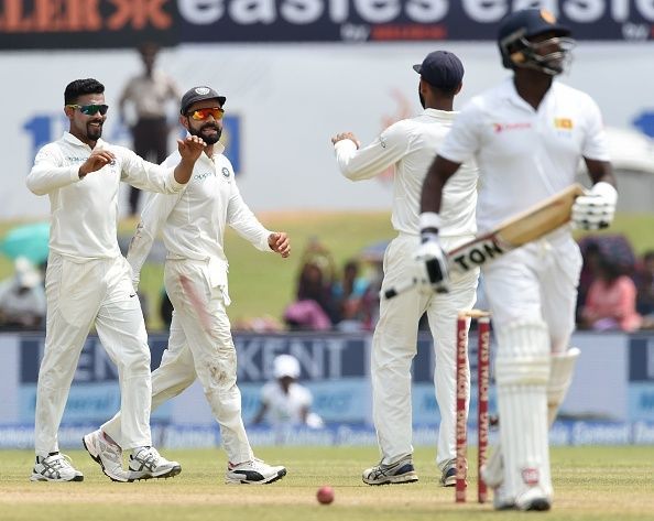 Jadeja broke through with two quick wickets including that of Angelo Mathews