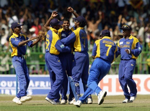 Kumar Dharmasena of Sri Lanka celebrates the wicket of Adam Gilchrist of Australia