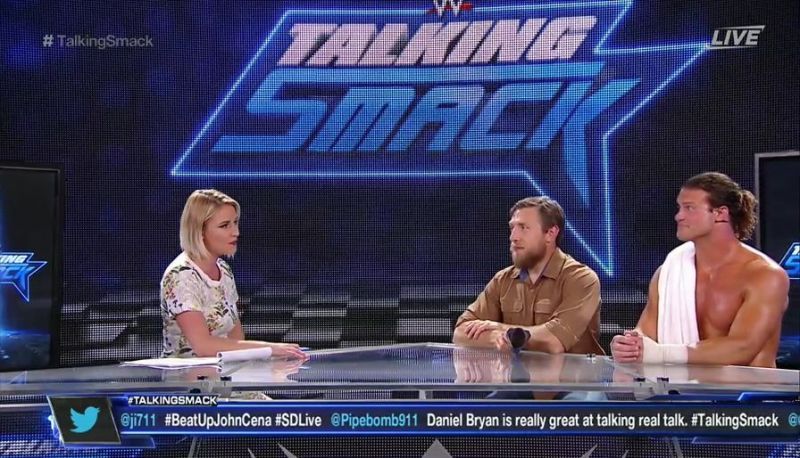 Renee Young and Daniel Bryan hosting the first edition of Talking Smack