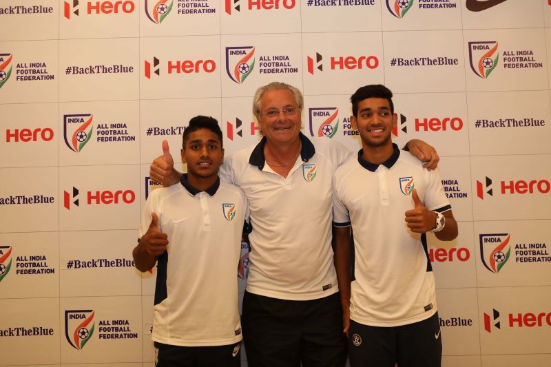 Rahul KP - Indian U17 Player; Luis Norton De Matos - Head Coach, India U17 Team and Shubham Sarangi - India U17 Player