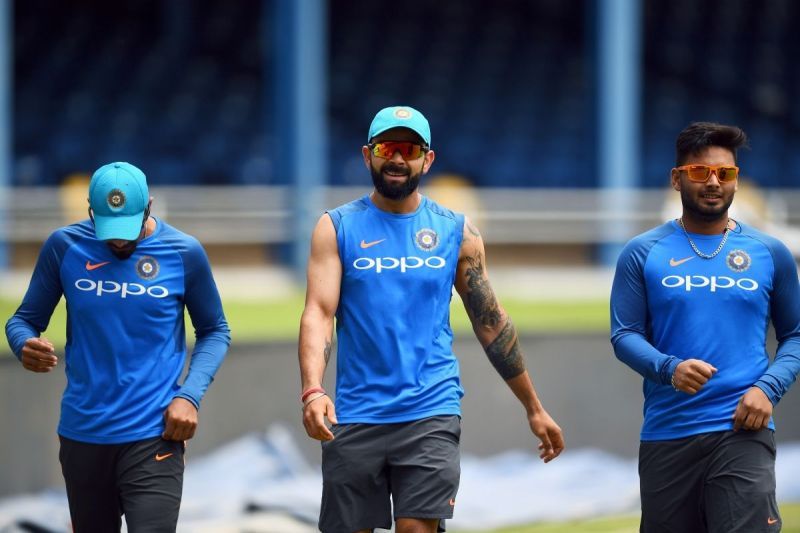 Rishabh Pant, along with Virat Kohli and Ravindra Jadeja during a training session in Windies