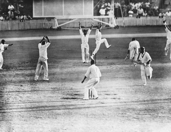 West-Indian team celebrates as Australia&#039;s Ian Meckiff is run out with only two balls to go