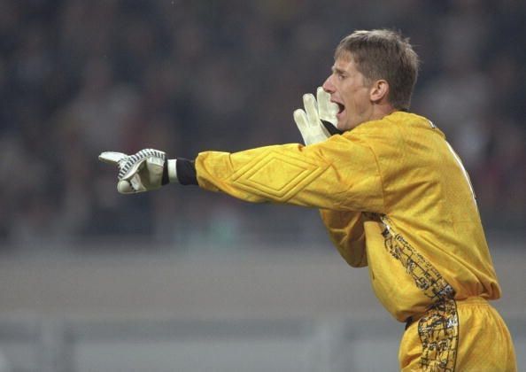 Edwin Van Der Saar of Ajax shouts instructions to his defence