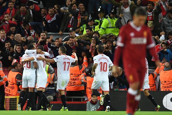 Sevilla celebrate scoring the equaliser against Liverpool