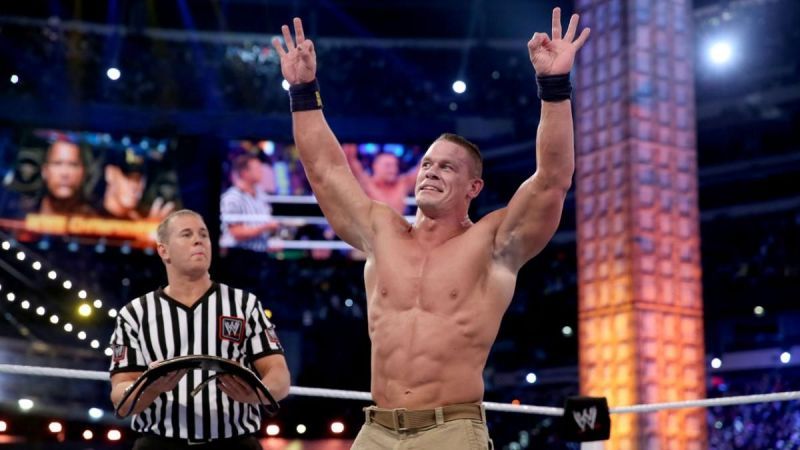 John Cena after winning against the Rock at Wrestlemania