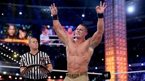 John Cena after winning against the Rock at Wrestlemania