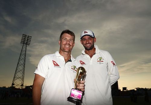 David Warner and Nathan Lyon after beating Bangladesh recently