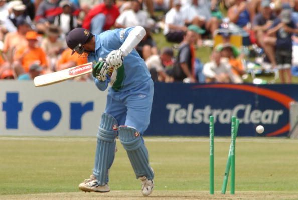 India&#039;s Rahul Dravid is bowled for 18 by New Zeala