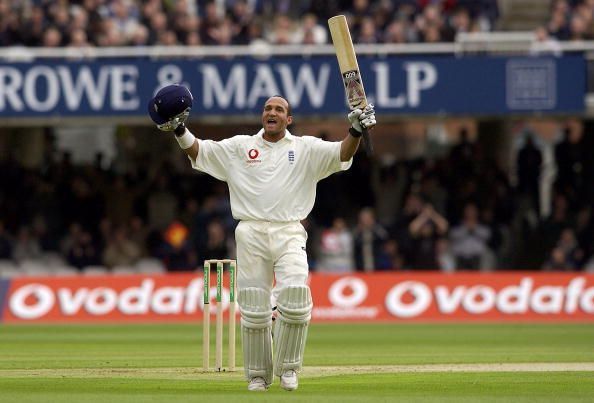 Mark Butcher of England celebrates 