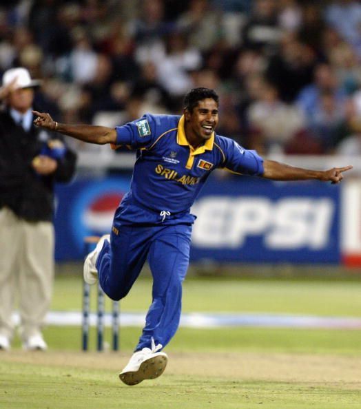 Chaminda Vaas of Sri Lanka celebrates