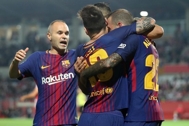 Barcelona celebrating their second goal.