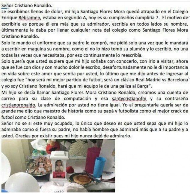 Santiago&#039;s parents letter to Cristiano Ronaldo