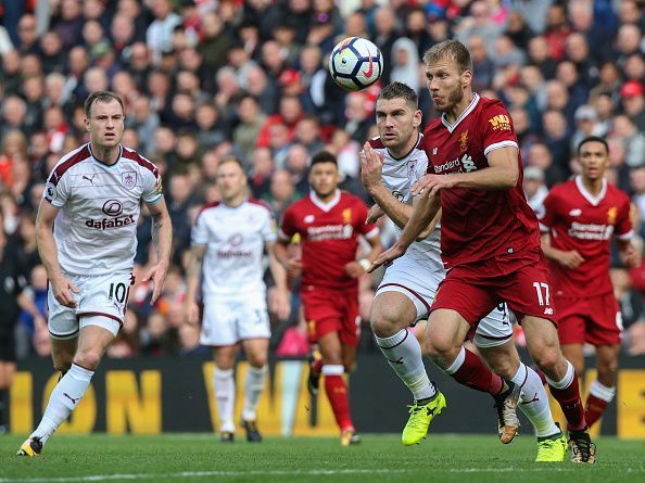 Klavan vies for the ball in Liverpool&#039;s clash with Burnley