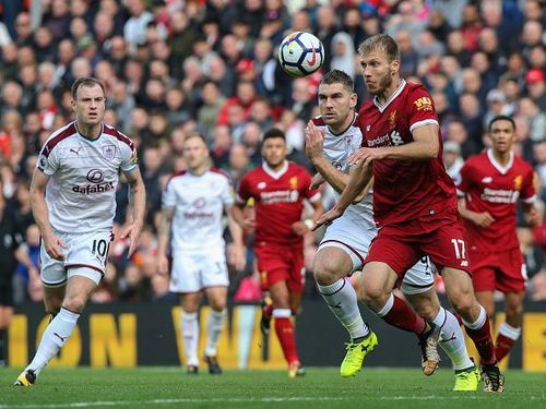 Klavan vies for the ball in Liverpool's clash with Burnley