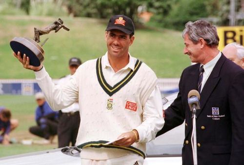 South Africa's capatin, Hansie Cronje holds the Ba