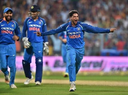 Kuldeep Yadav celebrates after picking a hat-trick against Australia