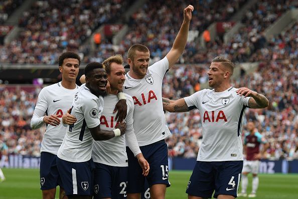 Tottenam Hotspur celebrate scoring against West Ham United