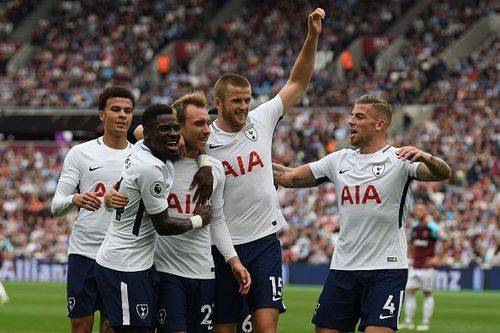 Tottenam Hotspur celebrate scoring against West Ham United