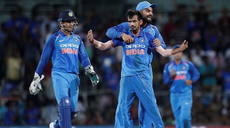 Chahal celebrates after dismissing Maxwell in the first ODI