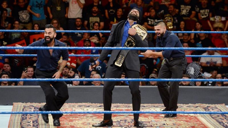 Jinder Mahal and The Singh Brothers mocking Shinsuke Nakamura on a recent Smackdown episode