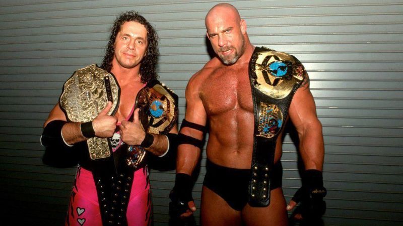 Bret Hart and Goldberg holding a lot of WCW&#039;s gold