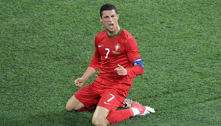 Ronaldo celebrating after scoring a goal against Netherlands.
