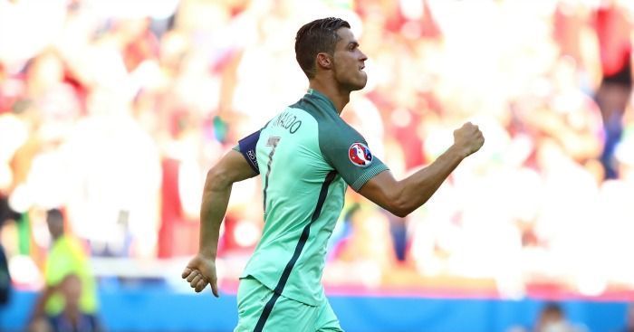Cristiano Ronaldo celebrating after scoring against Hungary.