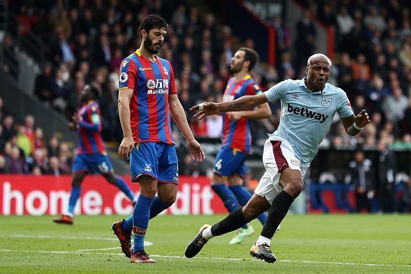 Andre Ayew celebrates after scoring a stunner against Palace