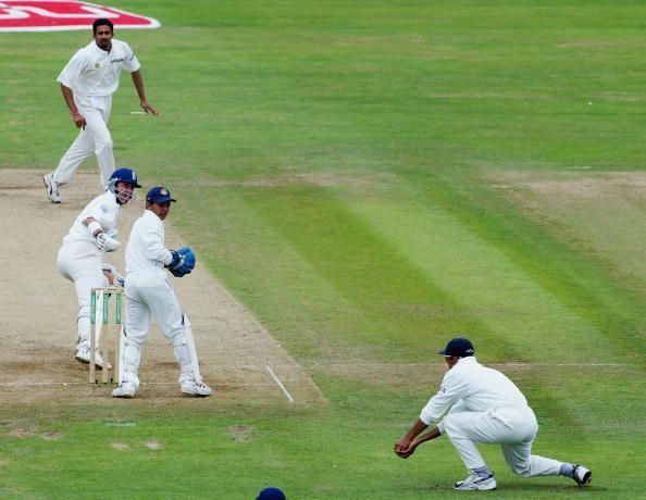 Anil Kumble of India celebrates Stewart wicket
