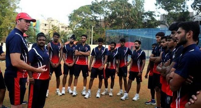 Thampi (extreme right) listening to Glenn McGrath and M Senthilnathan at the MRF pace foundation