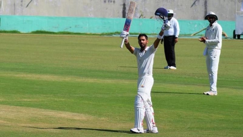 Prashant Chopra celebrates after getting to his triple century