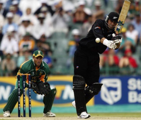 Stephen Fleming of New Zealand hits out...