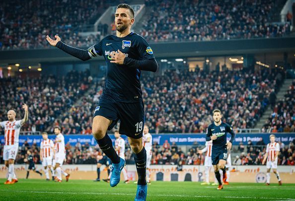 Vedad Ibisevic celebrates scoring a goal for Hertha Berlin