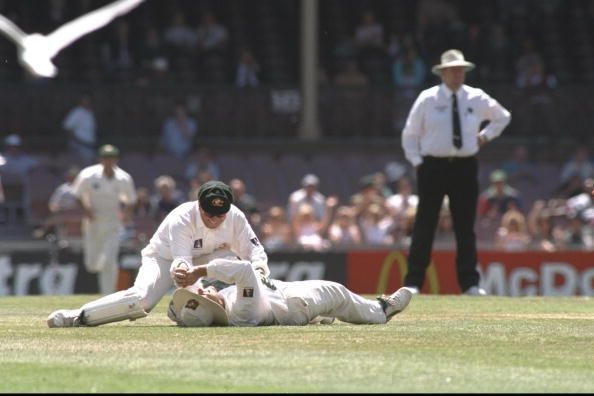 Mark Taylor of Australia catches Carl Hooper of the West Indies