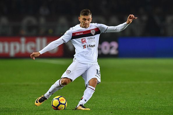 Nicolo Barella tries to pick out a pass for Cagliari