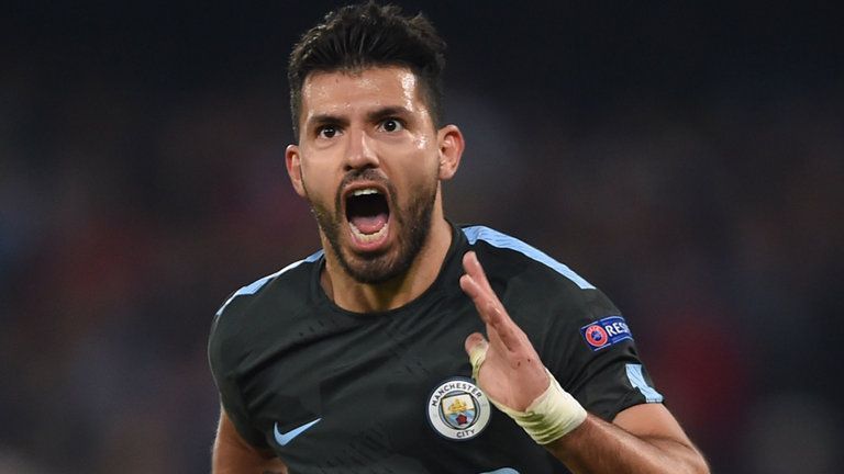 Sergio Aguero exults after scoring Manchester City&#039;s third goal