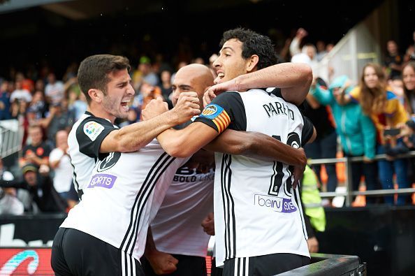 The Valencia players celebrate a goal against Leganes