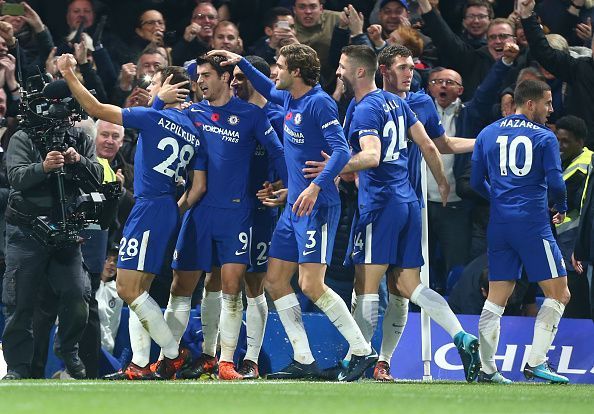 Chelsea celebrate after scoring against Manchester United