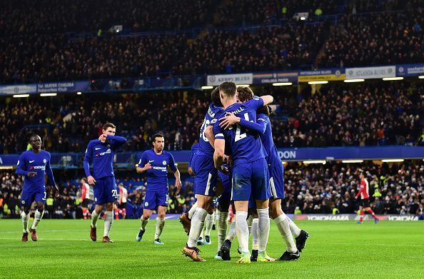 Chelsea players celebrating the only goal of the game
