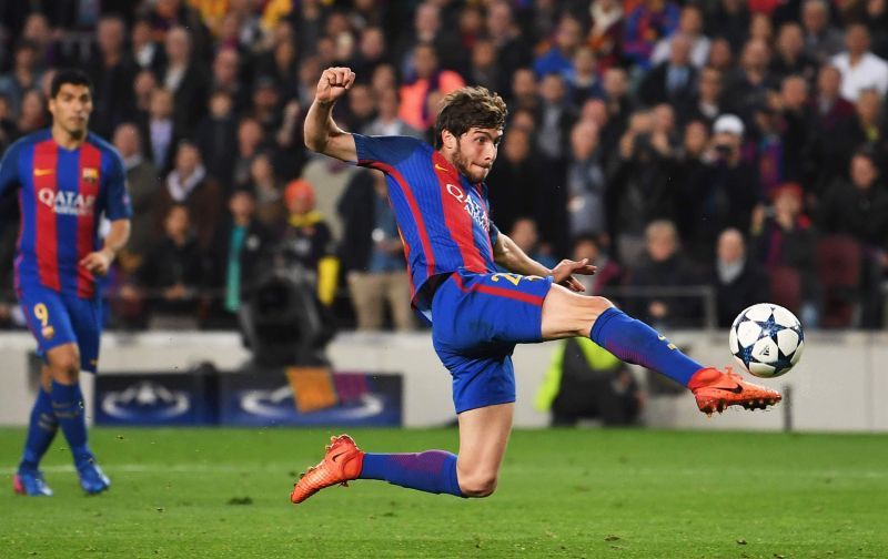 Sergi Roberto scoring the final goal in Barcelona&#039;s 6-1 triumph aganst PSG