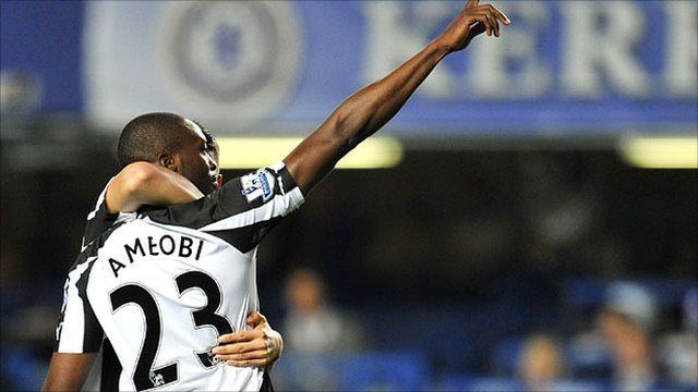 Shola Ameobi celebrates after scoring the winner