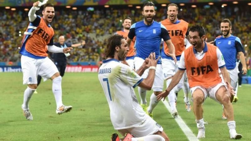 Samaras&#039; last-minute penalty took Greece to the knockout stages of the World Cup for the first time in their history