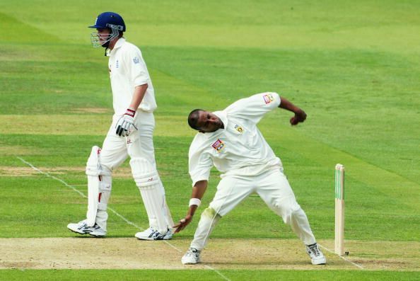 Paul Adams of South Africa bowls 