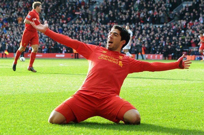 Luis Suarez sliding on his knees to celebrate a Liverpool goal. Image courtesy YouTube