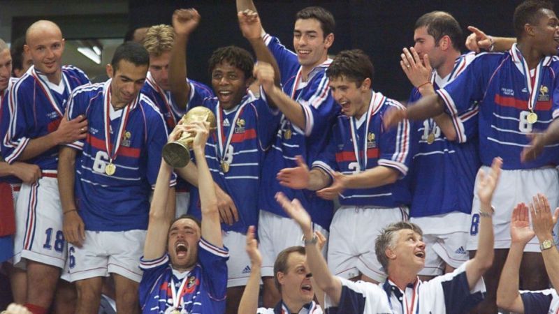 The France squad celebrate their World Cup victory at the Stade de France in 1998. 