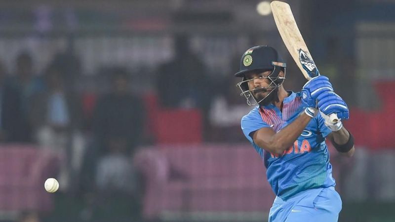 Indian batsman KL Rahul plays a shot during the second T20 International against Sri Lanka at the Holkar Stadium in Indore on Friday.