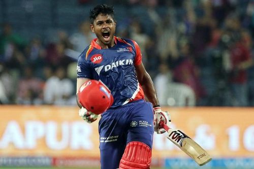 Sanju Samson celebrates after reaching his century against Rising Pune Supergiant in the 2017 IPL