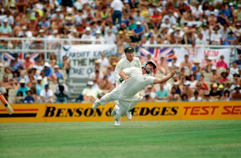 David Boon attempts a spectacular catch as Ian Healy looks on. 