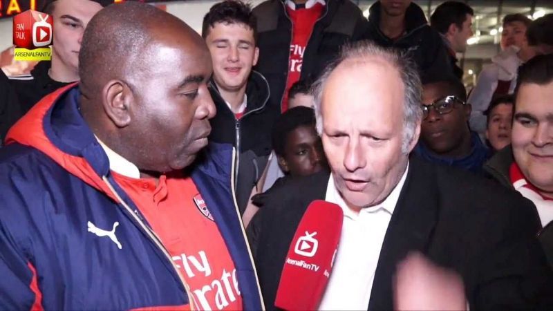 ArsenalFanTV regular Claude in the middle of one of his ridiculous rants as other fans laugh around him. 