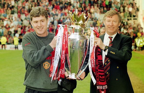 Brian Kidd and Alex Ferguson Premiership Trophy May 1996